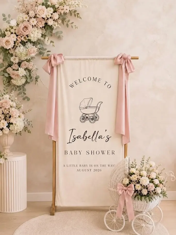 Custom Baby Shower Sign, Personalized Baby Shower Welcome Sign, Linen Fabric Baby Shower Backdrop, Baby Shower Decorations, Hello Baby Sign