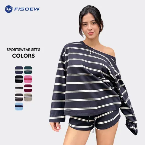 Fisoew Women's Elegant Cotton 2-Piece Striped Jersey Loungewear Set - Lady's Matching Outfit with Adjustable Drawstring Elastic Waist Shorts, Oversized Asymmetrical Long-Sleeve