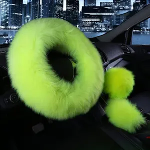 Steering Wheel Cover Gear Shift Handbrake Fuzzy Cover 1 Set 3 count Multi-Colored with Winter Warm Pure  Fashion for Girl Women Ladies Universal Fit   (Grass Green)
