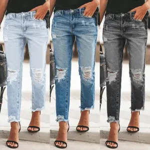 2025 Hot Style Distressed Non-Stretch Retro Fashion Denim Pants for Women Jean Womenswear