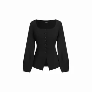 Cider Square Neck Long Sleeve Split Front Button Blazer