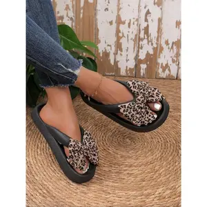 Women's Random Leopard Print Bowknot Decorated Slides, Casual Comfortable Home Slippers, Non-slip Slippers for Indoor & Outdoor Wear, Walking Shoes