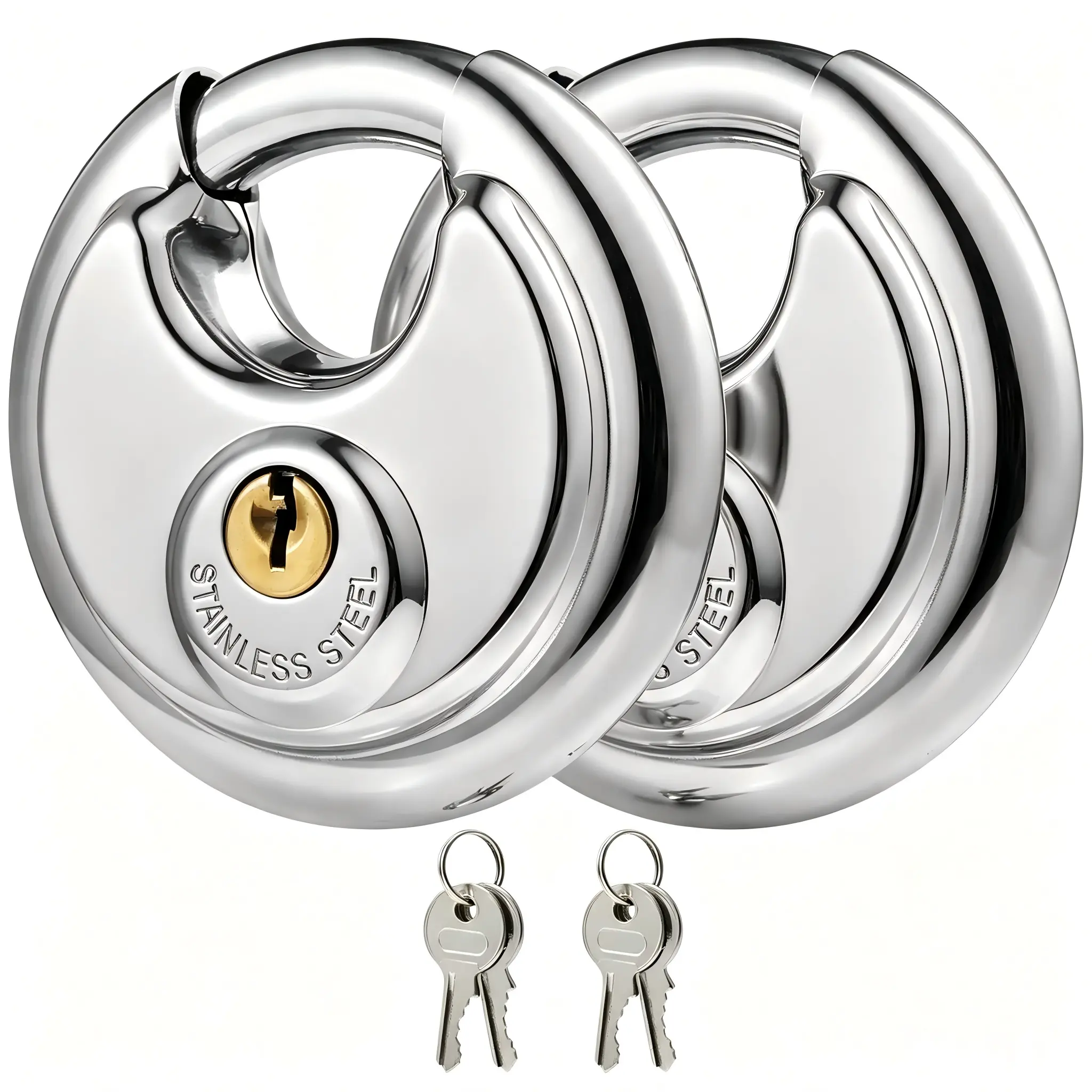 2 Pack Shrouded Round Disc Padlock, 70mm Hardened Shackle All-Weather Rustproof Waterproof Anti-Cut Security Lock with Independent Keys for Shed, Metal Gate, Storage Unit