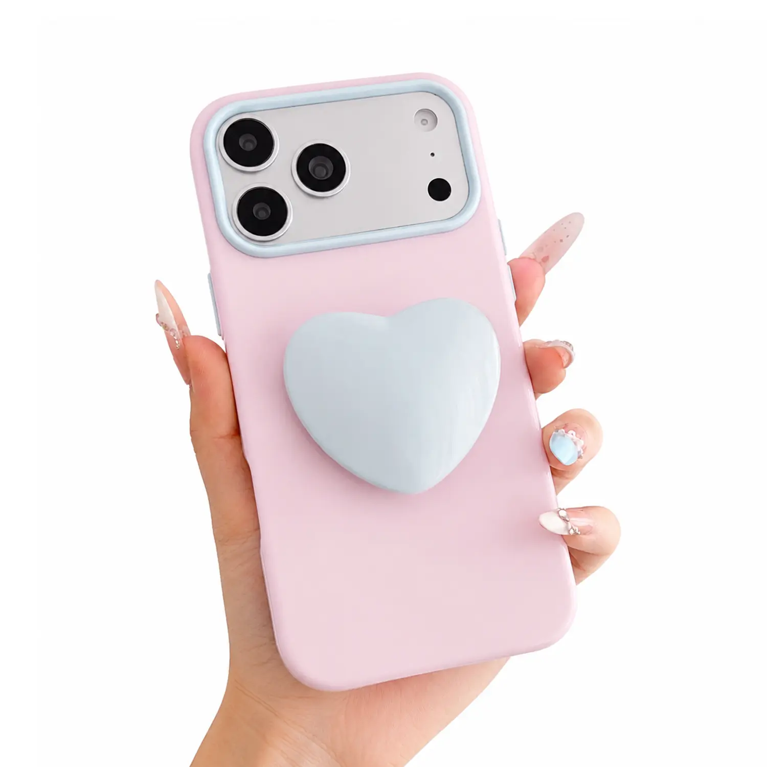 Pastel Colorblock 3D Heart Pop Grip Stand Phone Case, Large Window, Shockproof Protective Cover for iPhone 17 16 15 14 13 Pro Pro Max for Women Girls
