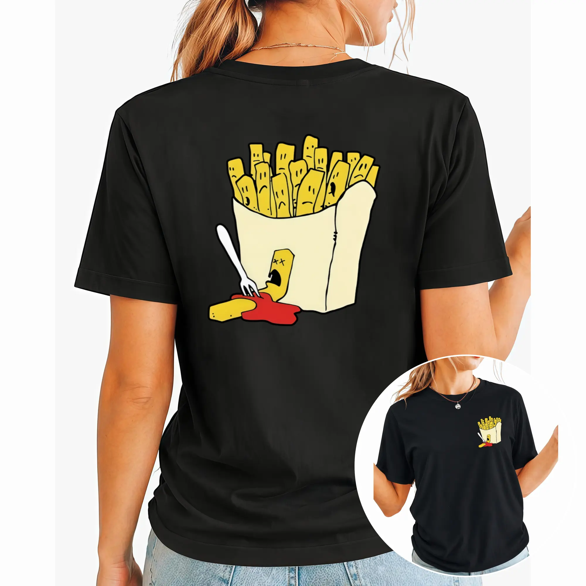 Women'S Casual Short Sleeve T-Shirt, Anthropomorphic French Fries Design, Cartoon Fast Food Print Soft Short Sleeve, Front And Back Design, Vacation Style Casual Round Neck Top, Machine Washable, Spring/Summer Women'S Top Cotton Womenswear