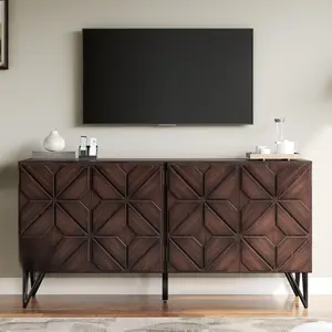 AMERLIFE 63" Acacia Wood Sideboard Buffet with Hand-Carved Geometric Doors, Console Cabinet with Adjustable Shelves for Dining Room/Living Room/Entryway, Dark Walnut