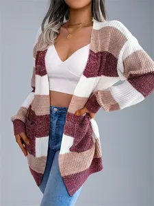 Women's Color Block Striped Lantern Sleeve Pocket Cardigan Sweater, Casual Long Sleeve Outerwear for Autumn & Winter, Stylish Knitted Jacket, Knitwear, Knitted Cardigan Tops