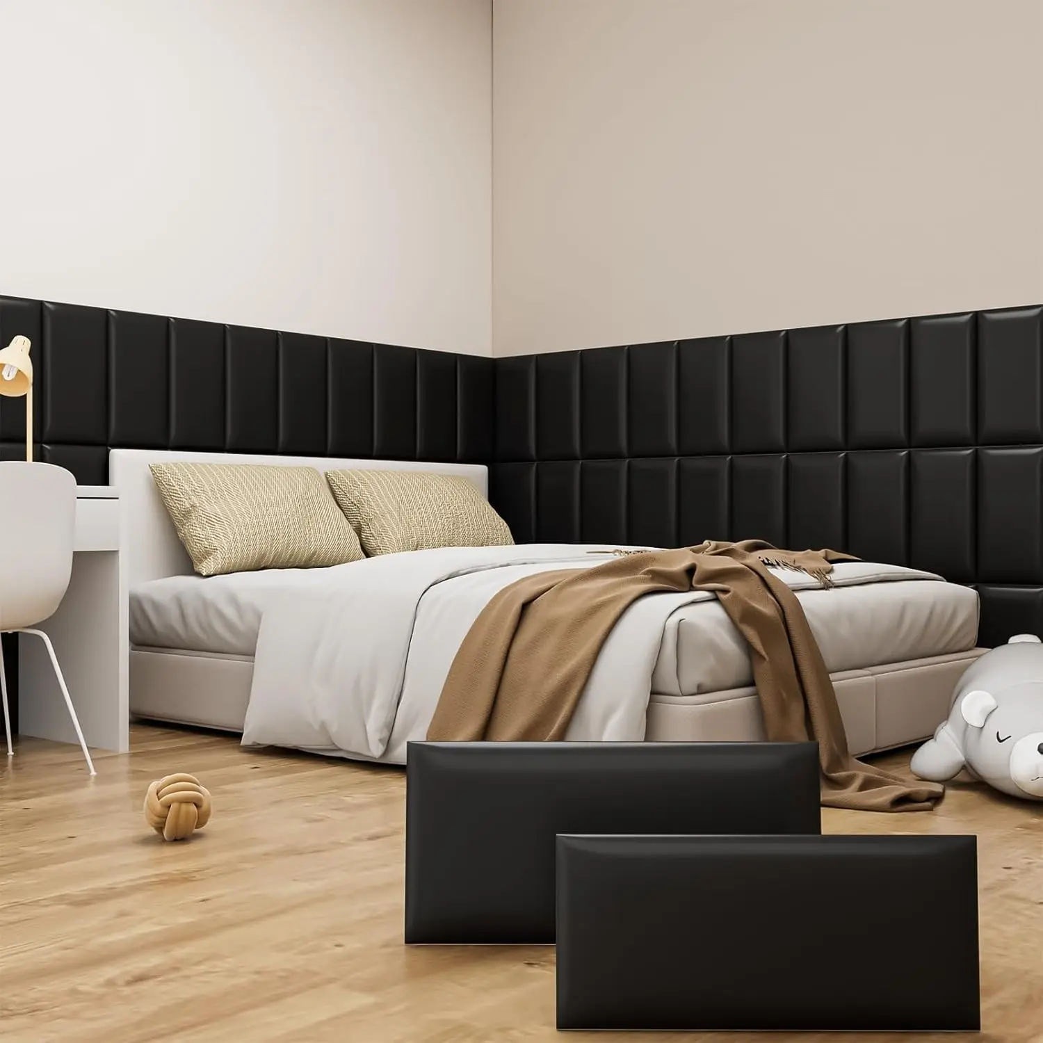 Black Upholstered Peel and Stick Headboard Wall Panels, 4pcs 7.8" x 15.7" 3D Anti-Collision Soundproof Self-Adhesive Wall Panels for Bedroom