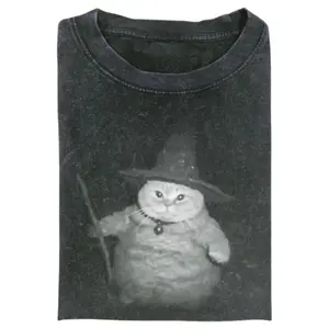 [Vintage Wash]WIZARD CAT Vintage Tee, Cat T-Shirt, Meme Cringe Funny Dumb Shirts, Unisex Movie Shirt Menswear