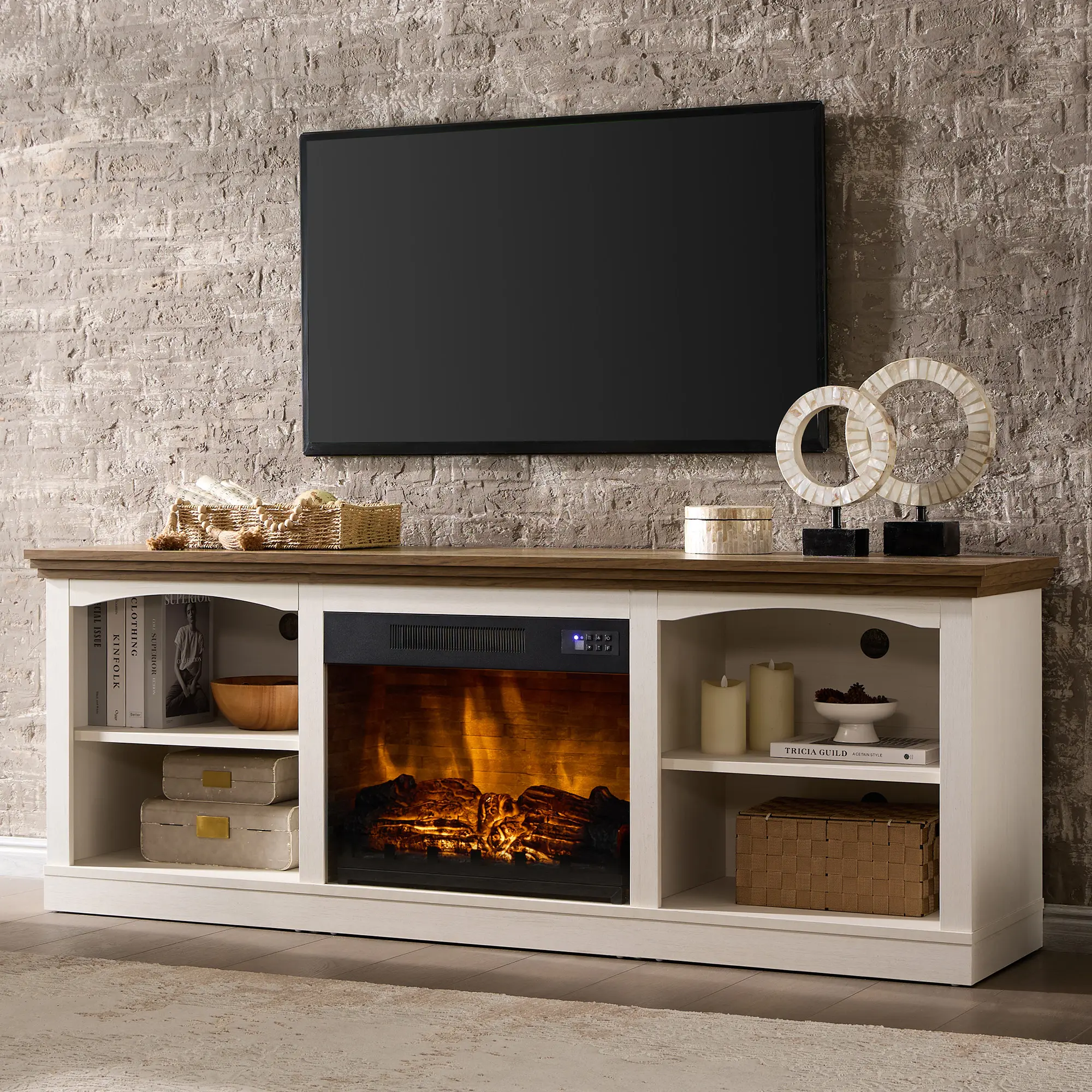 [SummerSale] AMERLIFE 70 Inch Fireplace TV Stand for TVs up to 80", Farmhouse Entertainment Center with 23" Electric Fireplace One-Box Delivery, Media Console Table with Storage for Living Room
