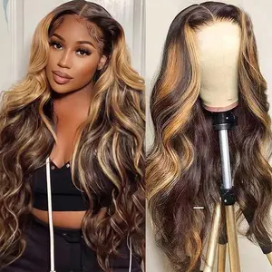 [Body Wave 13X6 Lace Frontal Wigs 30 Inches Only 95.99$] HD Lace Front Human Hair Wigs For Women Colored P4/27 Highlight Color Chocolate Brown Color Natural Color Body Wave Human Hair Wigs
