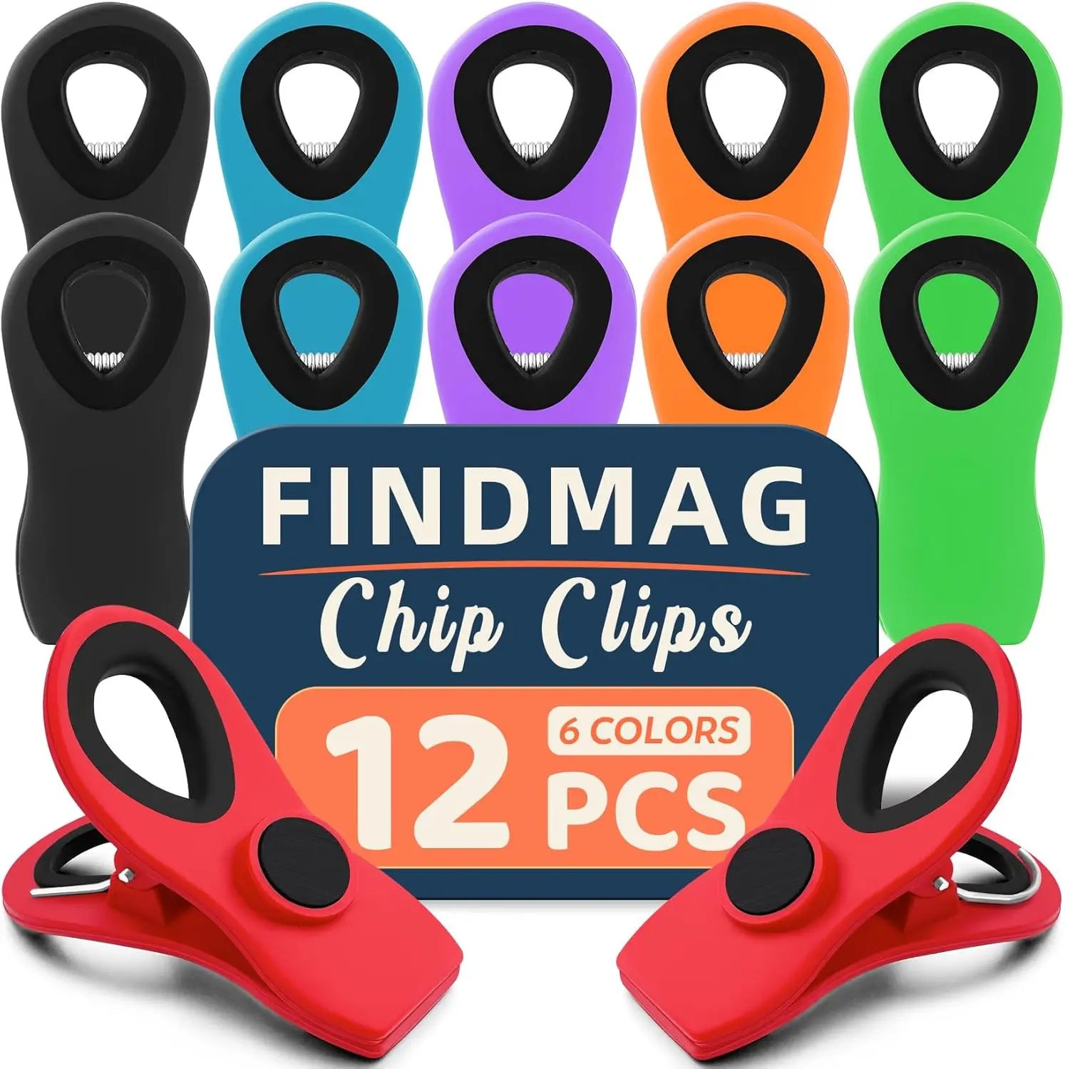 FINDMAG Magnetic Chip Clips 12 Pack | Airtight Food Bag Sealing Clips with Strong Fridge Magnet | Reusable Snack, Bread & Kitchen Storage Clips | Assorted Colors