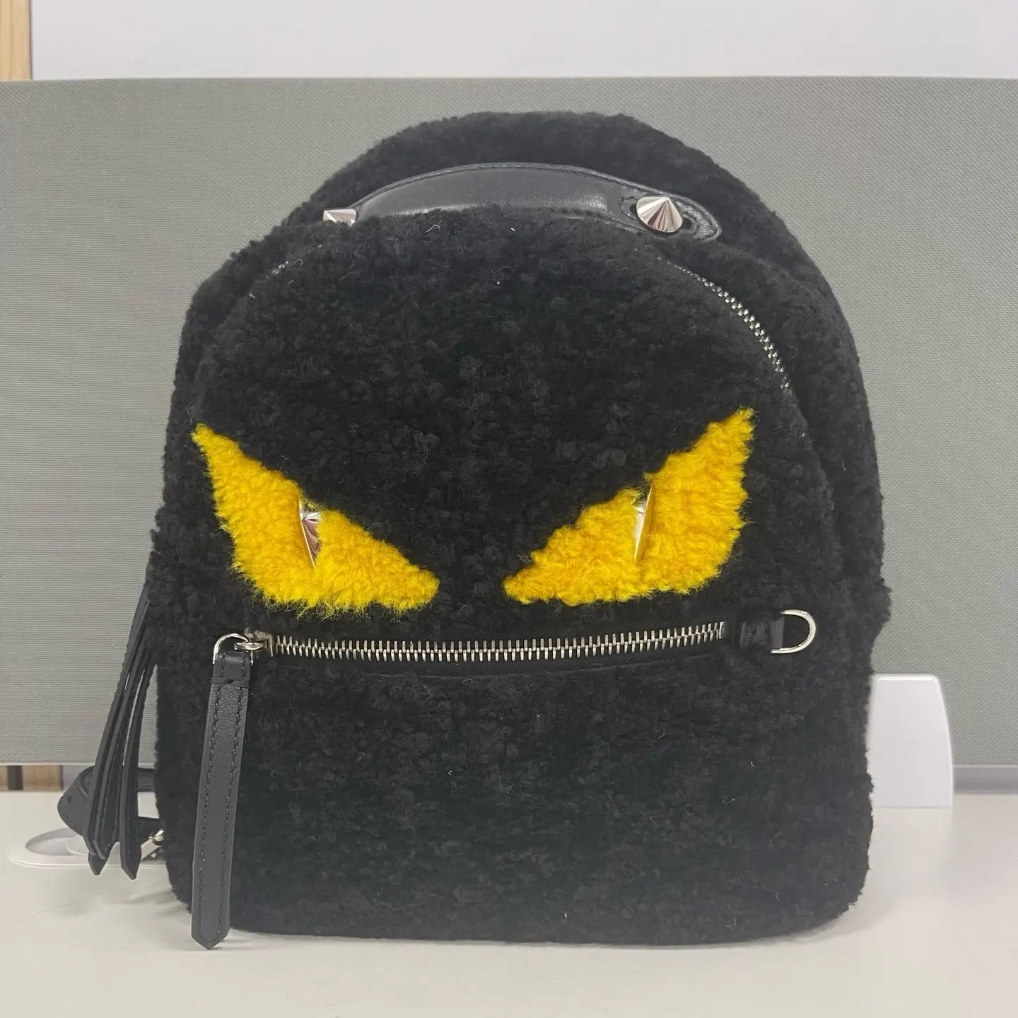 Pre-owned FENDI Bag Bugs Backpack Black Shearling, Monster Eyes, Bugs Motif Designer Rucksack 231801