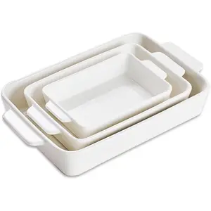 Casserole Dishes For Oven Ceramic Baking Dishes 15.7"/12.3"/9.4" Large Lasagna Baking Dish with Handle Ceramic Bakeware Set for Cooking Deep Baking Pan Set of 3 White