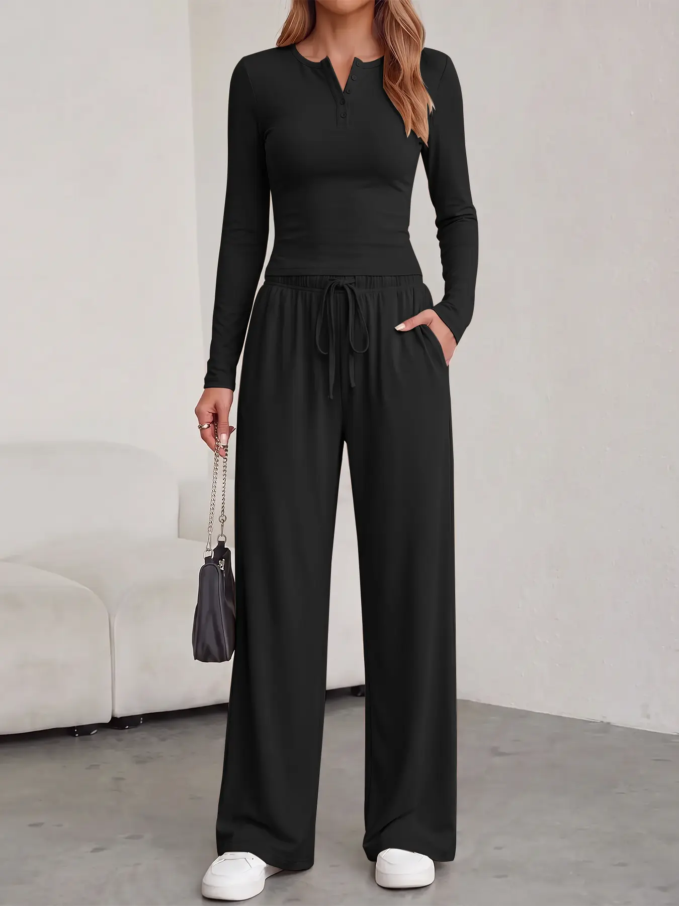 Women's 2-Piece Autumn-Winter High-Stretch Knit Henley-Neck Long-Sleeve T-Shirt & Elastic-Waist Wide-Leg Pants Activewear Set, Slimming Home Wear & Quick Errands Outfit