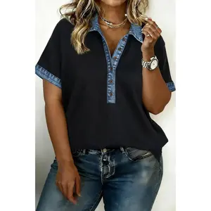 Black Plus Size Textured Contrast Denim Patchwork Button Polo Tee