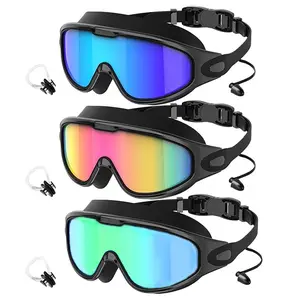 3 PCS Swimming Goggles Set, Adult Large Frame Swim Glasses with Nose Clip and Earplugs, Unisex UV Protection Waterproof Anti-Fog