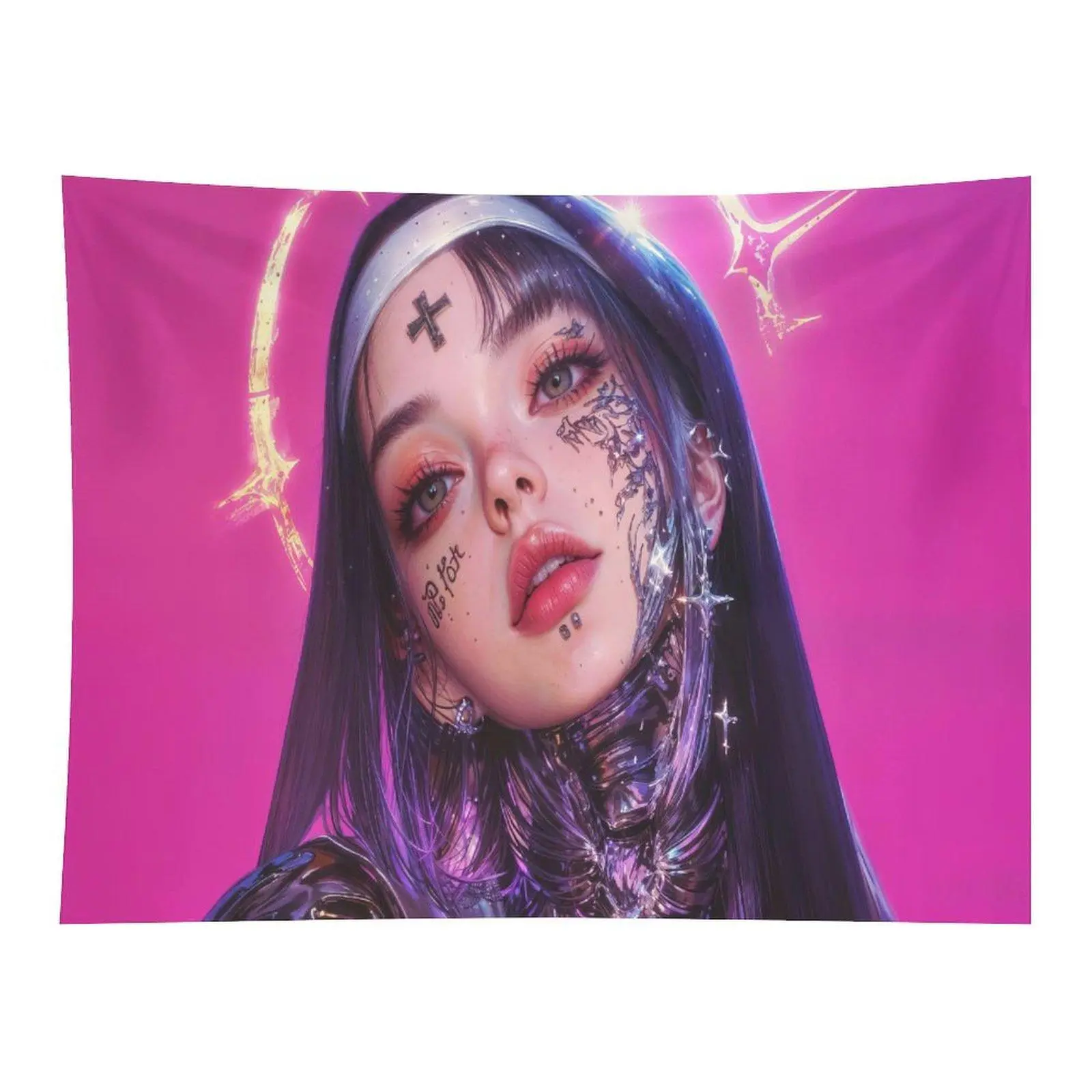 Cyber Gothic Young Lady With Cross Mark Glowing Star Halo Futuristic Punk Pink Background Art Wall Hanging Tapestry