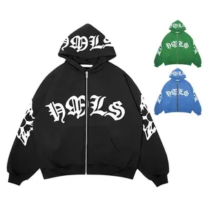 Vintage Zip-up Hoodie Embroidery Letters Zipper Stand Pullover Long sleeve Sweatshirts Top