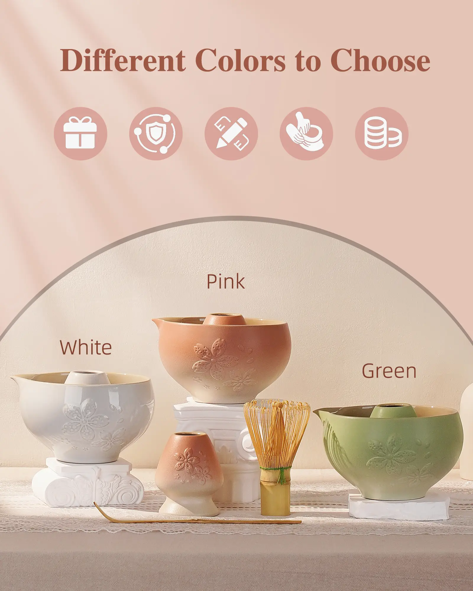 ZENS Sakura Matcha Whisk Set, 16oz Ceramic Matcha Set Includes Matcha Bowl, Bamboo Whisk & Chasen Holder, Scoop & Tea Towel and Sifter, 6pcs Matcha Ki