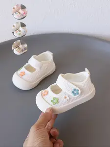 Kids' Toddler Flower Embellished Knit Mary Jane Shoes - Sweet Cute Style, Velcro Adjustment + Skin-Friendly Breathable Lining + Scientific Flex Point Foot Protection + Non-Slip Soft Sole, Spring Fall Daily Toddler Wear, Walking & Play