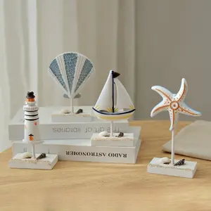 New Mediterranean Home Decor Blue and White Wooden Seahorse Fish Starfish Lighthouse Multiple Patterns Small Ornaments Decoration Decorative Sculptures