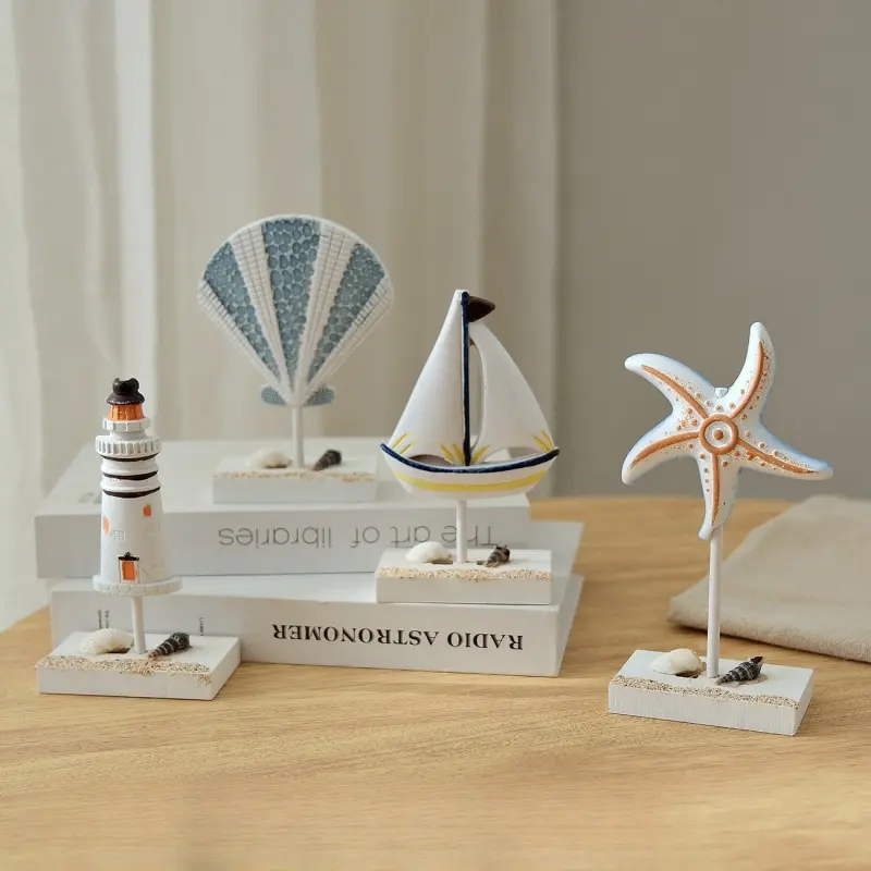New Mediterranean Home Decor Blue and White Wooden Seahorse Fish Starfish Lighthouse Multiple Patterns Small Ornaments Figurine Decor Decoration Decorative Sculptures Figurines Decor
