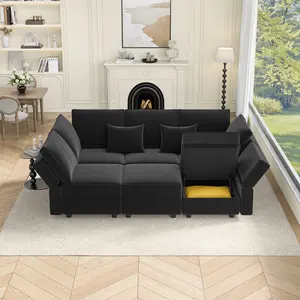 Vesgantti Sectional Sleeper Sofas with Storage, 92" Sofa Bed with 6 Seats Storage Chaises Removeble Cover, Deep Seat Modular Couches Velvet Couch Set for Living Room, Apartment, Home Theatre, Black