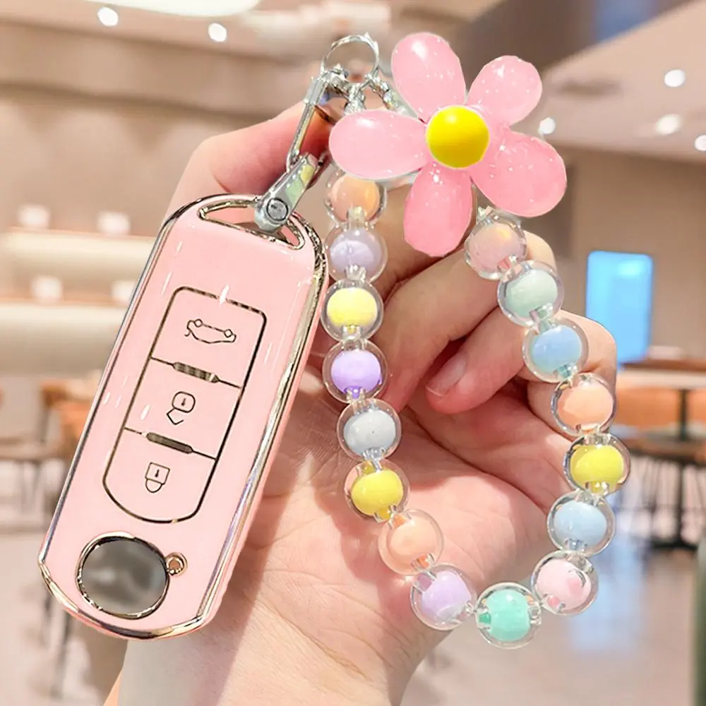 Car Key Case, Cute Flower Beaded Keychain, Soft TPU Key Case Cover, Keychain for Mazda 2 3 6 CX3 CX4 CX5 CX7 CX9 Atenza Axela MX5 Miata, Car Key Accessory