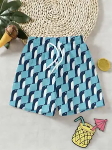 Boys Blue Geometric 3D Penguin Shorts, Summer Fashion Outdoor Sports Beach Pants, Breathable Comfortable Kids' Pants, Birthday Gift
