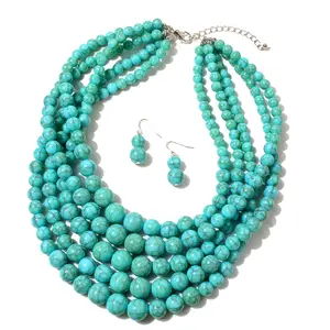 Bohemian Style Jewelry Set For Women 3-Piece Turquoise Wooden Beaded Necklace Earrings Bracelet Retro Accessory Set For Daily Wear Vintage