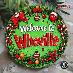 Aluminum Welcome to Whoville Round Sign 8 Inch Christmas Home Decor with Gingerbread House Candy Canes Ornaments for Wall House Living Room Holiday Decor