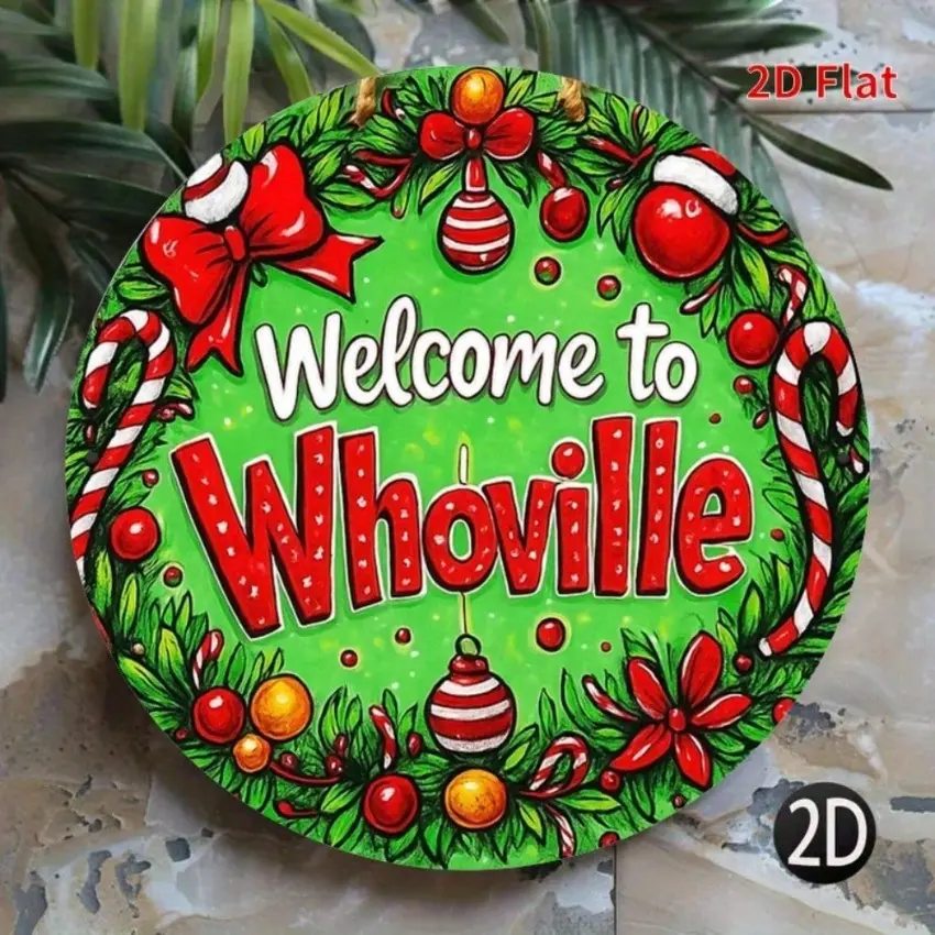 Aluminum Welcome to Whoville Round Flat Sign 8 Inch Christmas Home Decor with Gingerbread House Candy Canes Ornaments for Wall House Living Room Holiday Decor Decorations