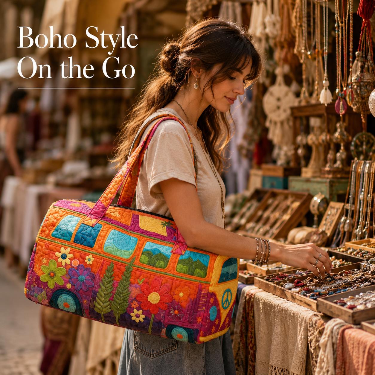 18 Inch Boho Quilted Weekender Bag, Colorful Retro Van Duffel Bag for Travel, Beach, Gym and Weekend Getaway