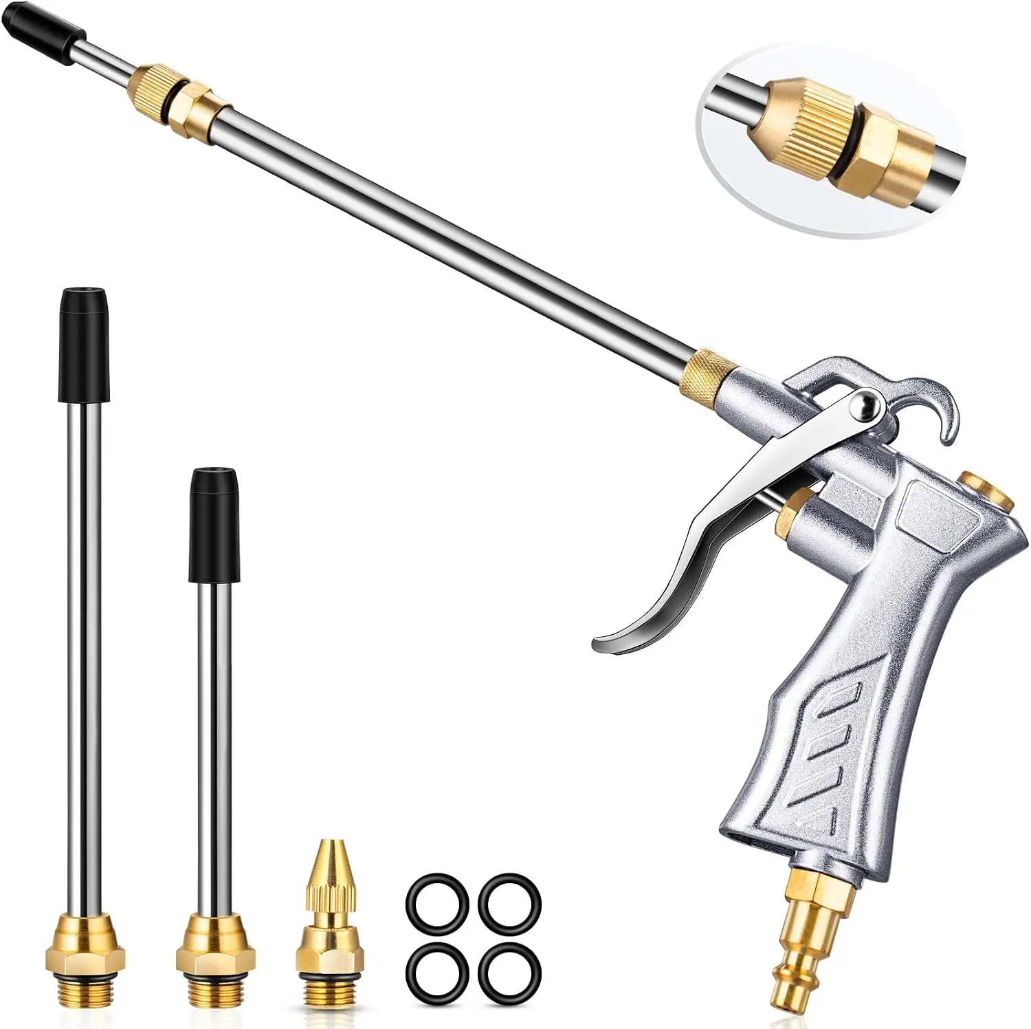 1 Pack Air Blow Gun, Brass Air Flow Nozzle & 2 Steel Air Flow Extension | Powerful Air Flow, All Metal Construction, Adjustable Air Flow Nozzle, Metal Hanging Hook for Storage