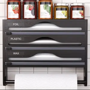 Wooden Wall-Mounted Kitchen Storage Box, Multi-Functional Film Cutter, Divisible Foil Paper Holder, Simple Grid Design, Essential Kitchen Item