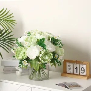 Silk Peony Bouquet in Glass Vase with Faux Water – Lifelike Artificial Flowers for Home Decor, Wedding Table Centerpiece – Mixed Arrangement UV Resistant party wedding decor