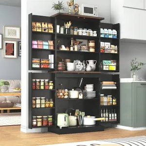 71" Farmhouse Pantry Cabinet: Adjustable Shelves, 4 Barn Doors & Drawer - Rustic Wood Storage For Kitchen,