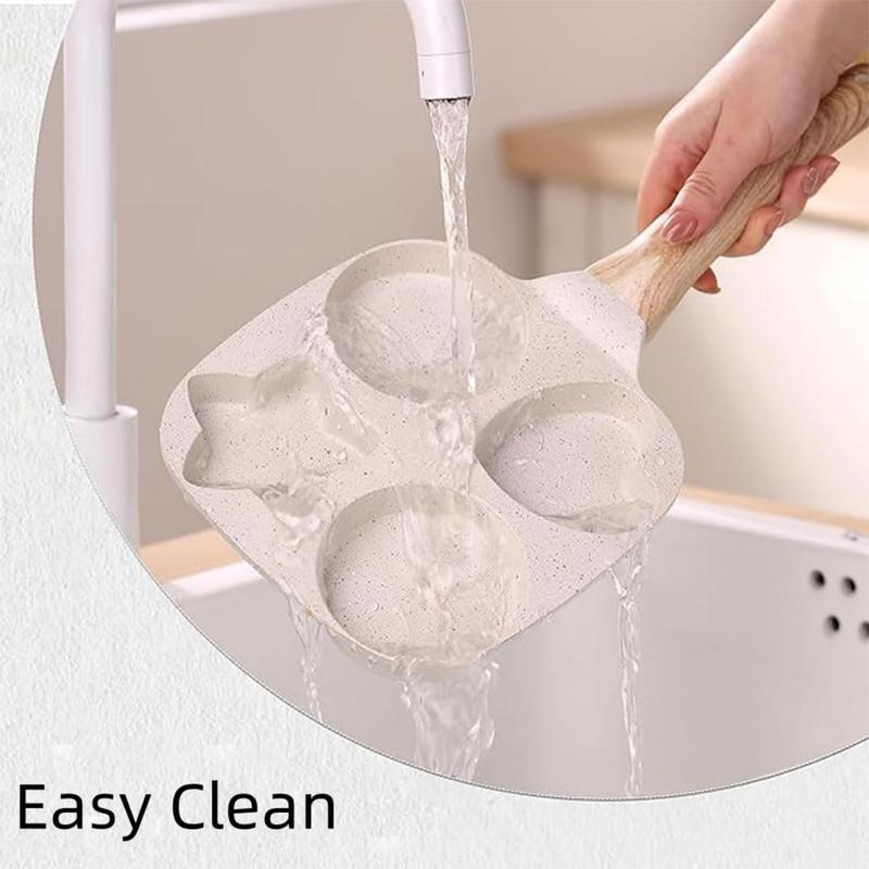 Non-stick Hole Design Egg Frying Pan, 4 Hole Skillet with Handle, Small Egg Fry Pan 4-in-1 Divided Grill Pan, Wooden Handle Stone Omelet Non-stick Cookware, Breakfast Pancake Pan, Kitchen Gadgets for Gas and Induction Cooktops gas stove