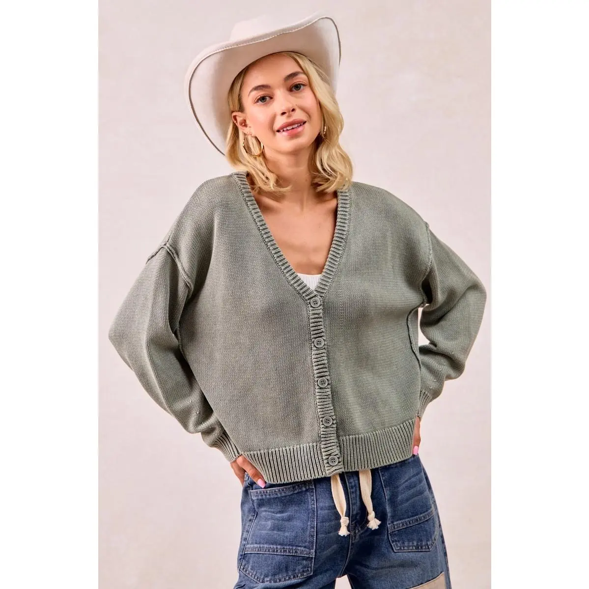 BiBi Washed Sweater V Neck Cardigan