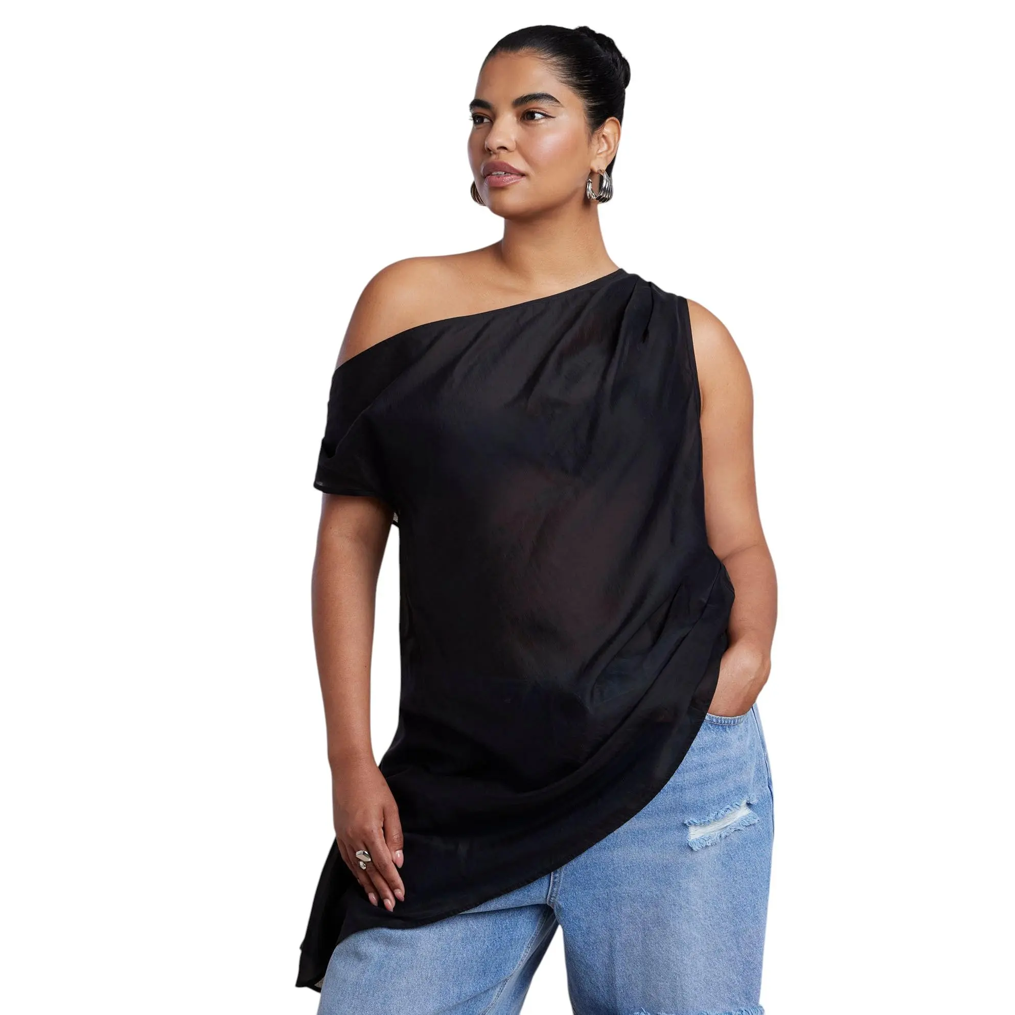 ELOQUII Women's Plus Size Off The Shoulder Sheer Top