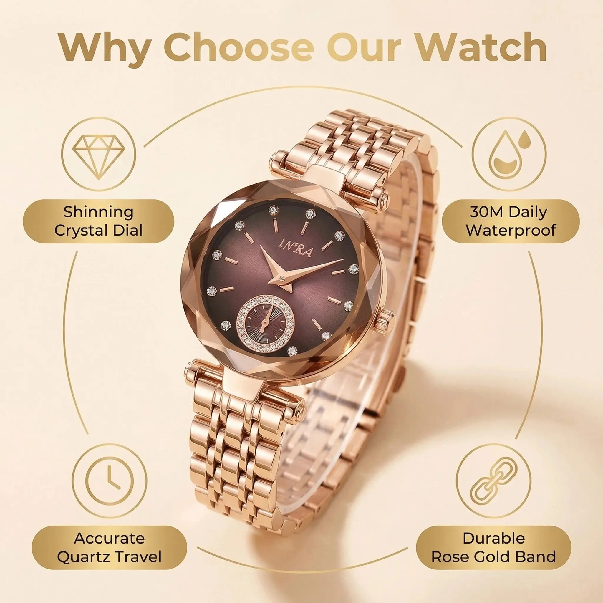 Women’s fashionable, elegant quartz watch with a round simulated dial; a versatile accessory for everyday outfits, comes with a gift box—an ideal choice for gifting.
