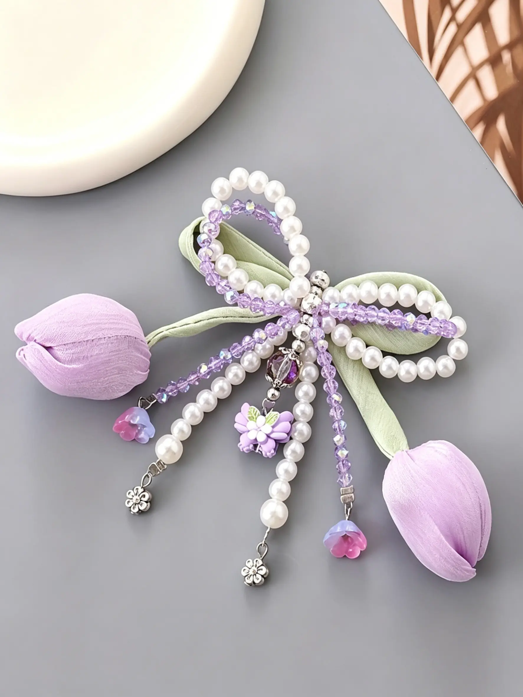 Bag Charm Pearl & Bow Fabric Tulip Keychain, Keychain for purse, Key Accessories Included Multiple Colors Available Beaded Tassel Pendant Springtime Forest Vibes French-Style Look For Bags And Keys Suitable For Commuting, Outings, And Dates