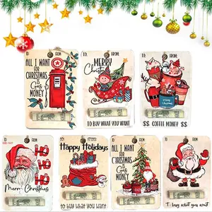 7PC Christmas Money Holders For Cash,Christmas Tree Decorations,2025 Christmas Money Holders for Cash,Handmade Wooden Money Clip with Blessing Christmas Tree Charm Hanging