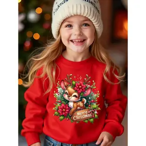 Girls' Christmas Sweatershirt , Red & White with Merry Christmas Lettering, Holly & Reindeer Applique, Long Sleeve Round Neck Pullover, Casual Winter Coat for Xmas Parties & Family Gatherings