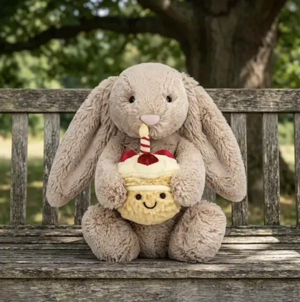 Jellycat Bashful Beige Bunny Plush Holding Birthday Cake – Soft Bunny Stuffed Animal for Birthday Gift & Keepsake