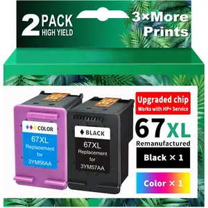 YOOLUX 67XL Ink Cartridges Black/Color Combo Pack Replacement for HP Ink 67 HP67XL (2-Pack High Yield) Compatible with HP DeskJet 2755e 2855e 2700e 4155e 2734e 2827e 4100e Envy 6055 6455e Printer