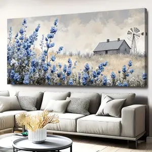 Modern floral landscape painting with blue flowers and country windmill, wood frame wrapped canvas print for living room, bedroom, home office, classroom, dining room - indoor landscape orientation Decor Set Artwork Ornaments Artistic Photo Decoration