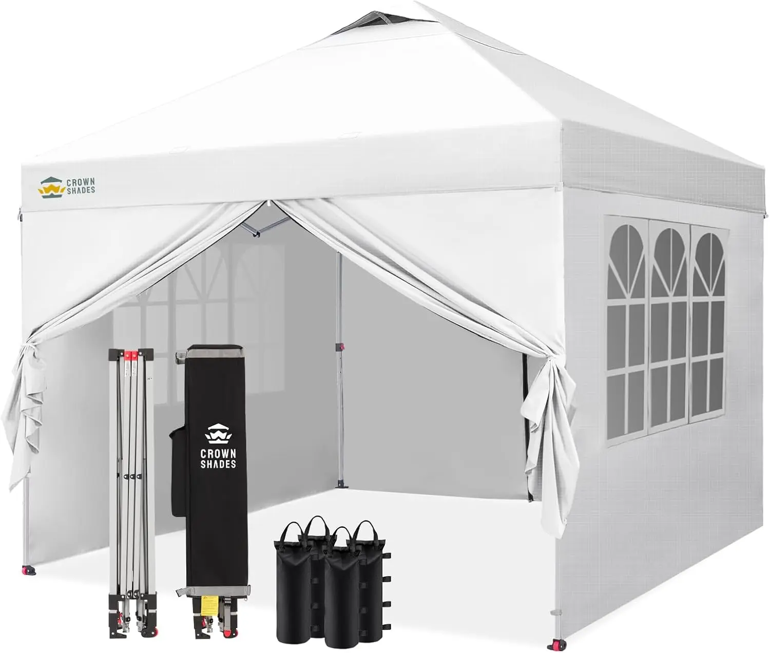 CROWN SHADES 10X10 Pop Up Canopy, Outdoor Camping Canopy Tent, 150D Silver-Coated Fabric, with 4 Sidewalls, 4 Sand Bags, Metal Frame, White