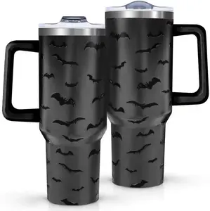 40oz Halloween 5D Bat Print Tumbler with Handle and Straw, Birthday,Thanksgiving，Christmas Holiday Gifts For Women Men Adults,Stainless Steel Insulated Cup Water Bottle, Black Coffee Travel Mug